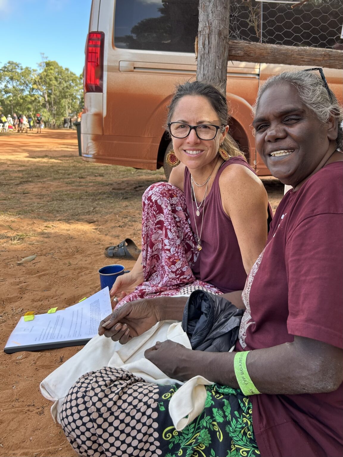 With Yananymul Munuŋgurr, whose father was a young man when he signed the Ṉäku Dhäruk. Yananymul called the fourth ‘missing’ petition, “our lost treasure” and worked closely with Clare and the community to repatriate it from Derby, WA to Yirrkala in December 2023.