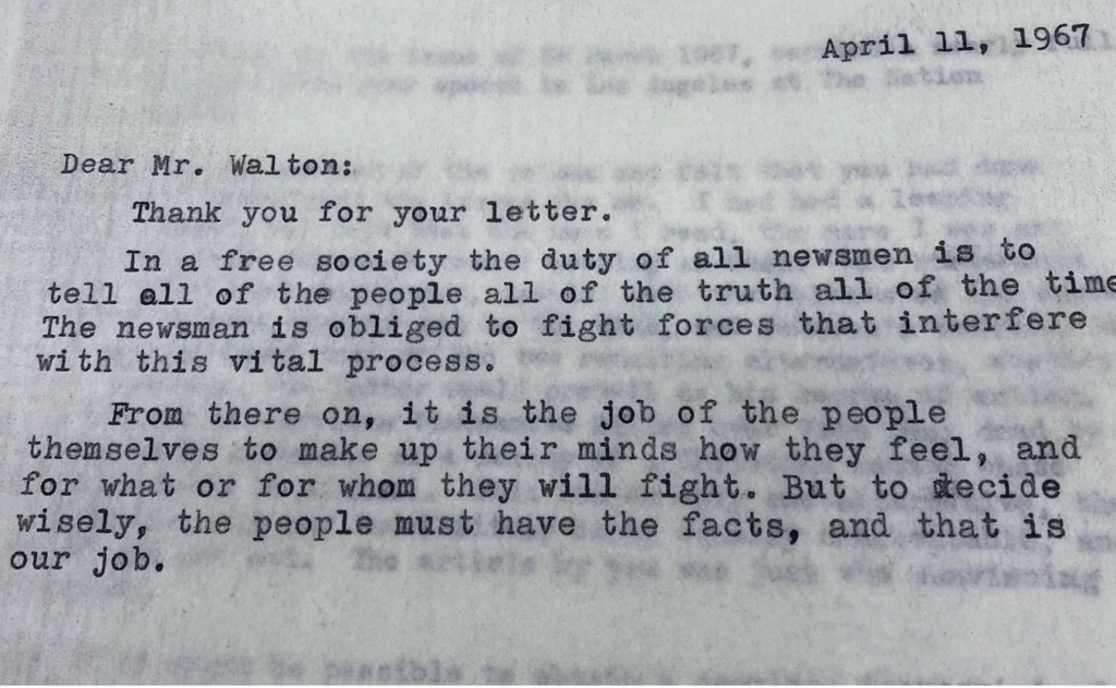 Correspondence in Browne’s papers at the Library of Congress with his definition of a journalist’s responsibilities