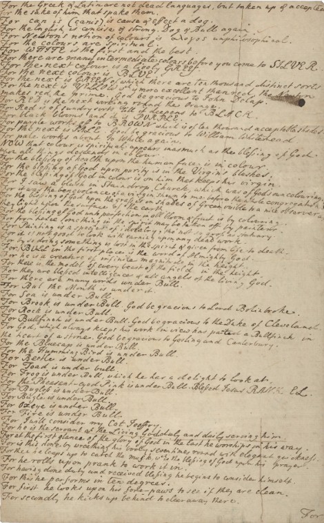 poem Christopher Smart, Jubilate Agno, 1759-63, Fragment B, Seq. 19. MS Eng 719 Jeoffry appears ten lines from the bottom.